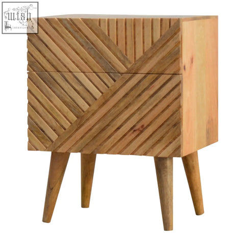 A light wood lille 2-drawer bedside table with chevron pattern and tapered legs made from solid mango wood