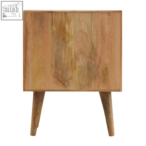Minimalist lille 2-drawer oak-ish bedside table in warm solid mango wood with tapered legs and natural finish