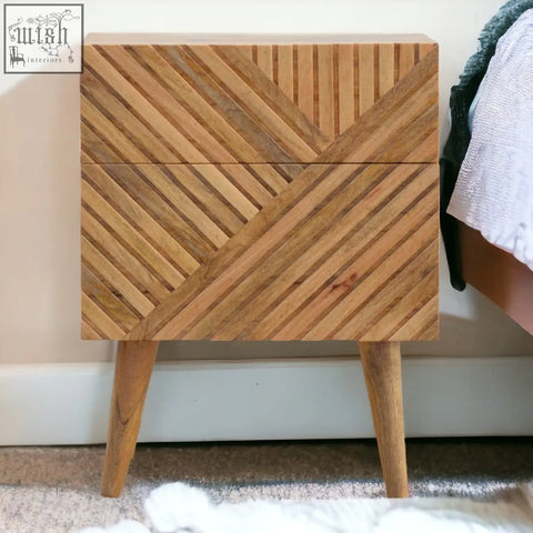 Lille 2-drawer oak-ish bedside table made from solid mango wood with geometric diagonal slats and tapered legs