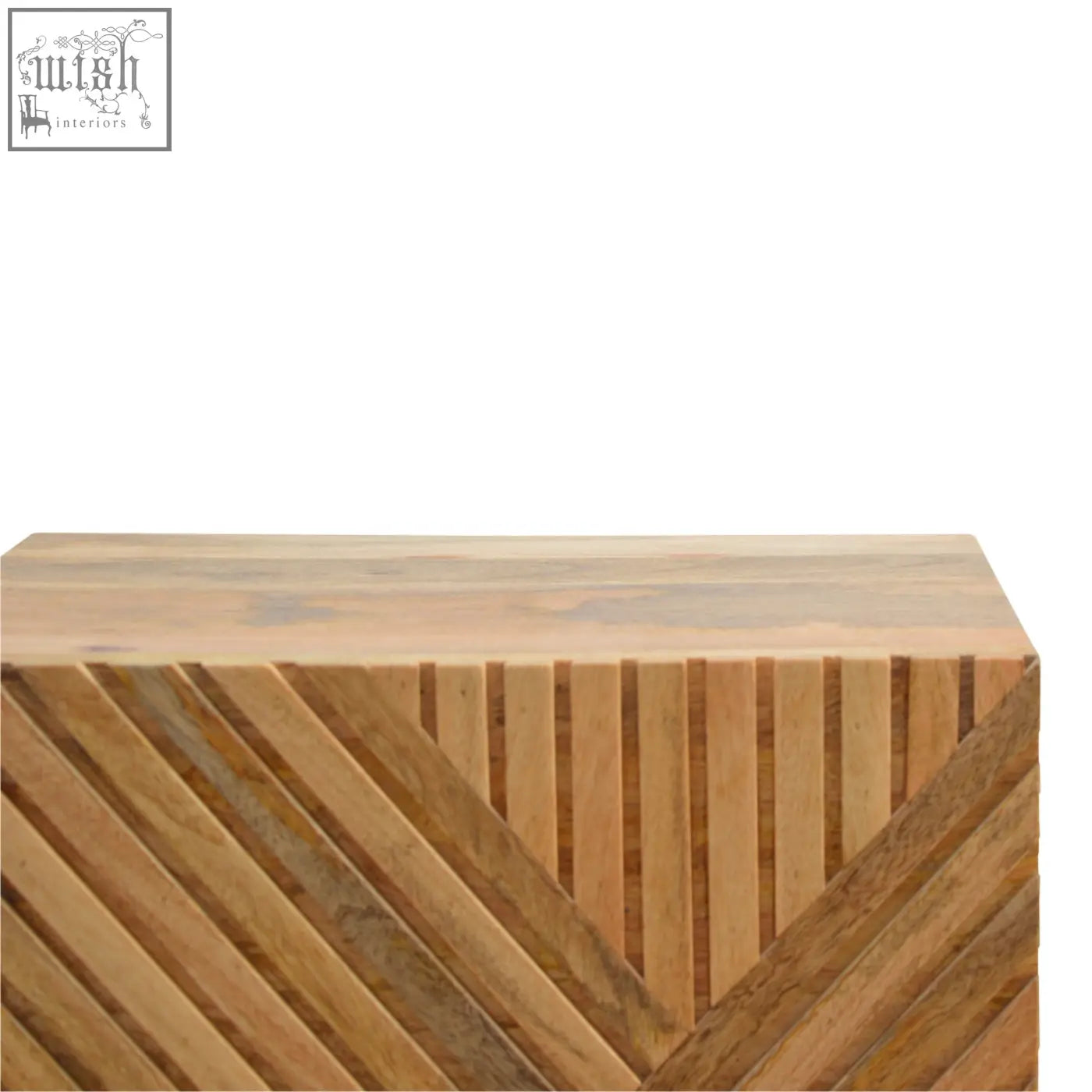 Lille 2-drawer oak-ish bedside table in solid mango wood with natural light brown finish and geometric chevron pattern