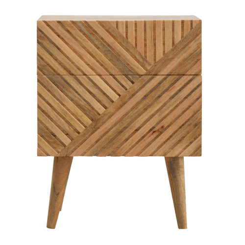 Rustic lille 2-drawer oak-ish bedside table with geometric slats and tapered legs made from solid mango wood