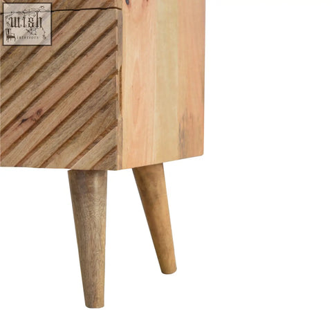 Rustic lille 2-drawer oak-ish bedside table with diagonal slat panel made from solid mango wood on tapered legs