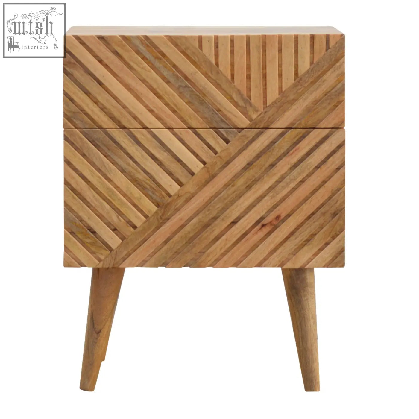 Lille 2-drawer oak-ish bedside table with geometric diagonal slats and tapered legs made of solid mango wood