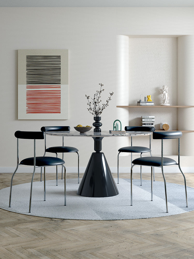 Black conical pedestal dining table with clear glass top for modern lillian round dining setup