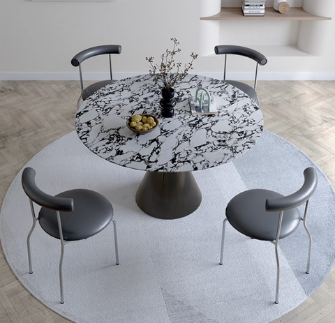 Lillian round dining table with black and white marble top and dark gray conical base perfect as a dining table