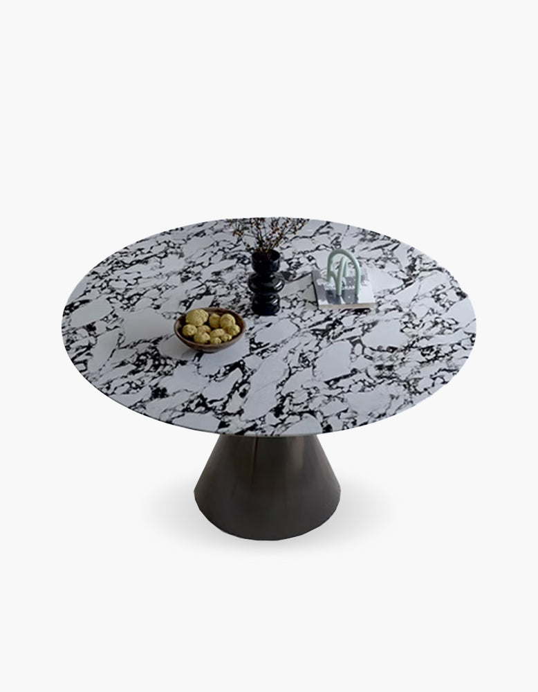 Lillian round dining table with white and black marble top and sleek dark gray conical base dining table