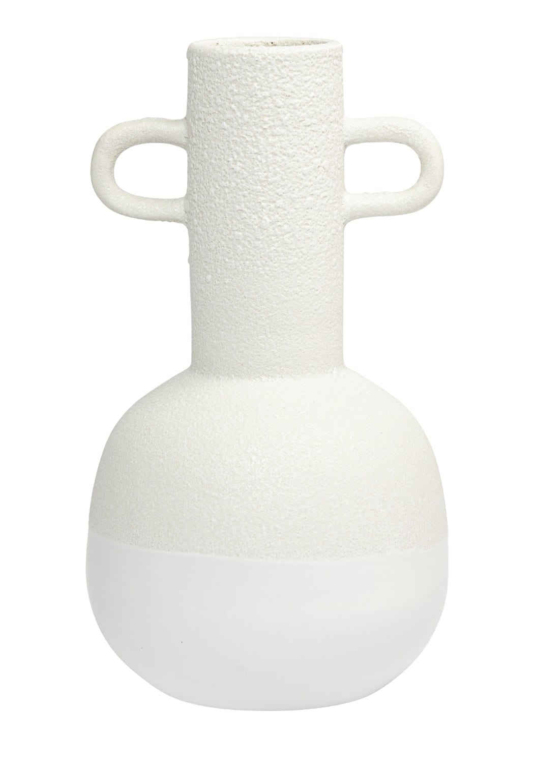 White ceramic minimalist bottle vase with textured surface and two looped handles perfect for decor