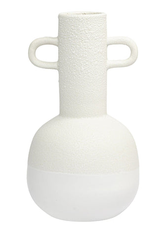 White ceramic minimalist bottle vase with textured surface and two looped handles perfect for decor