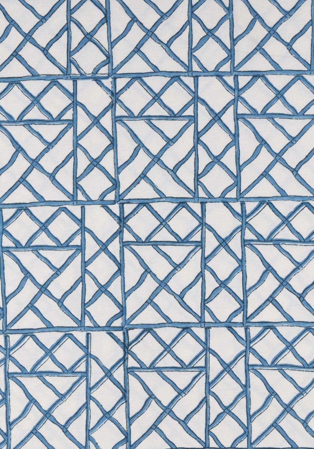 Blue bamboo breeze tablecloth with a blue geometric woven lattice bamboo fabric on a white background