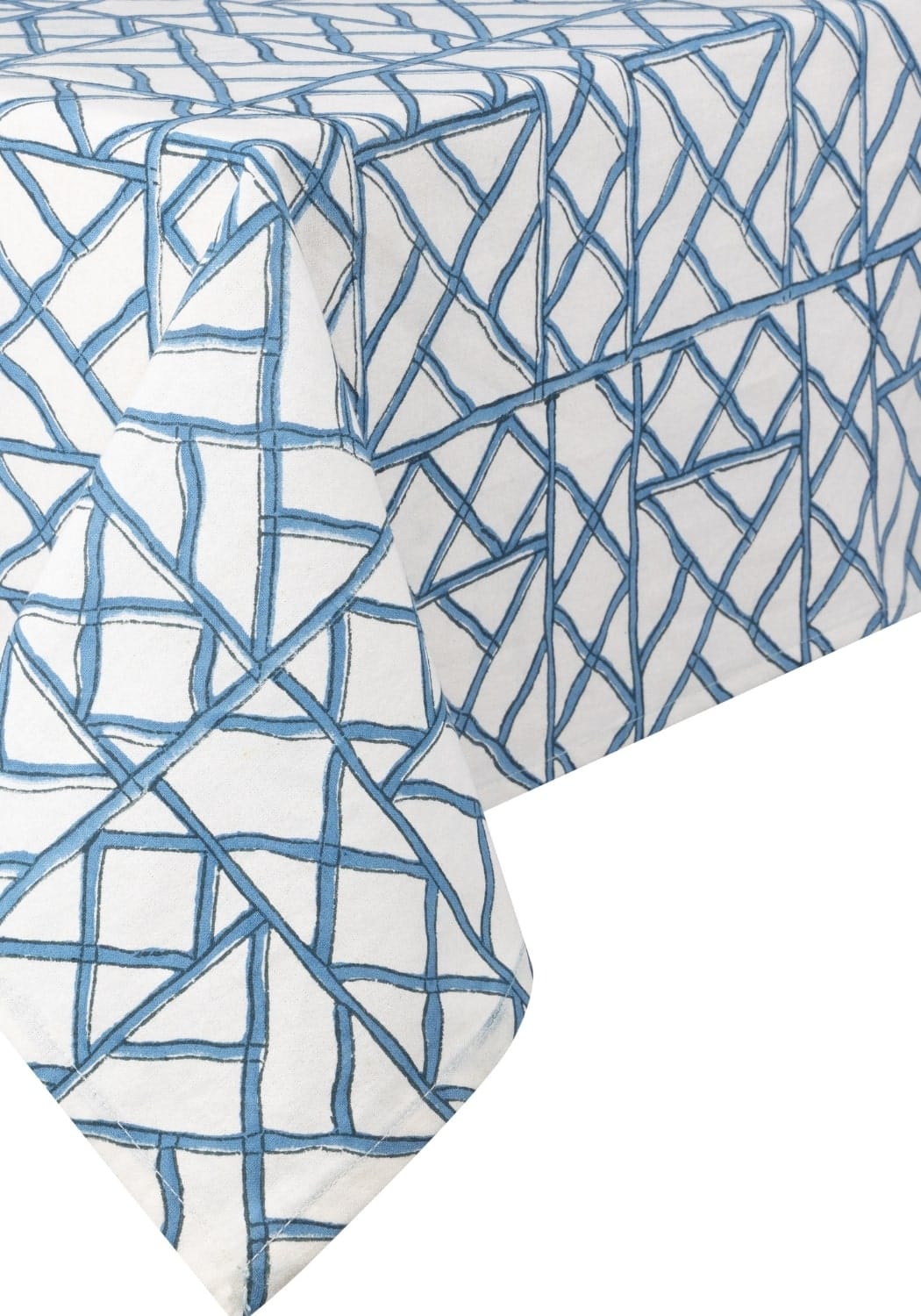 White tablecloth with blue bamboo breeze geometric hand-drawn lines forming squares and diamonds pattern