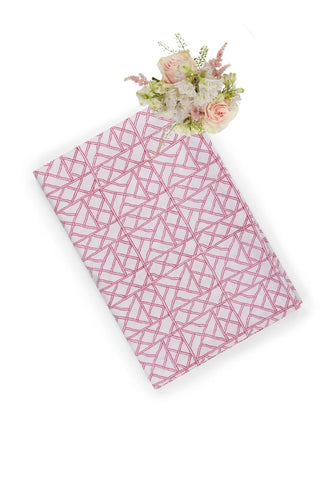 A rectangular notebook with a delicate pink bamboo lattice pattern matching lily’s pink bamboo lattice tablecloth