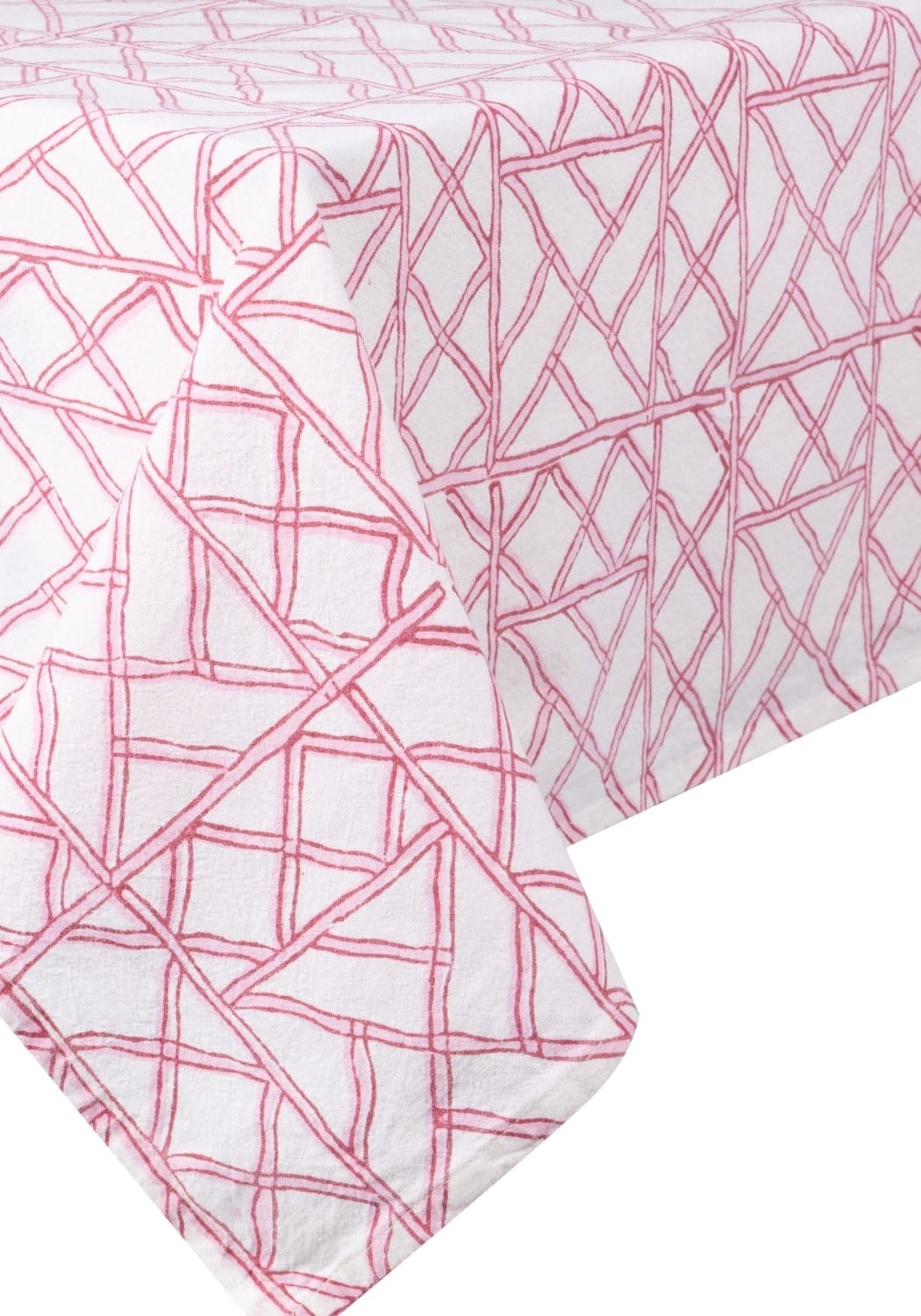 White tablecloth with a delicate pink bamboo lattice pattern perfect for stylish dining and events