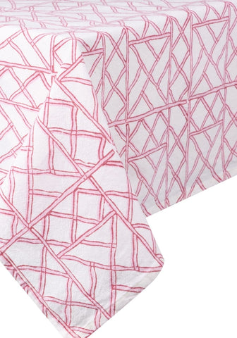White tablecloth with a delicate pink bamboo lattice pattern perfect for stylish dining and events