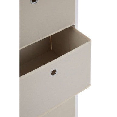Beige metal mailbox with a rectangular compartment and circular keyhole as part of lindo 4 natural fabric drawers cabinet