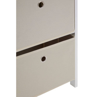 Beige two drawer shoe storage unit with white frame and circular handles from lindo 4 natural fabric drawers cabinet