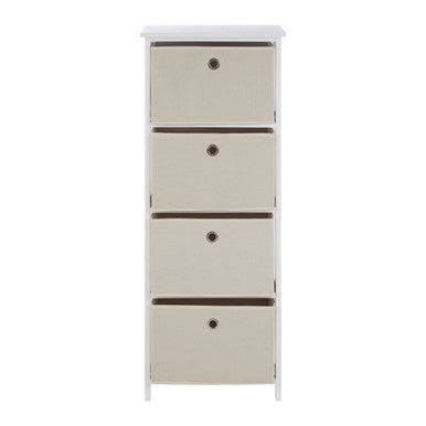 White wooden Lindo 4 natural fabric drawers cabinet with four drawers black round knobs and dark horizontal trim