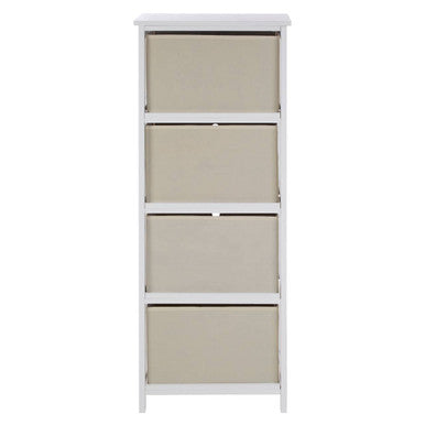 White wooden dresser with four beige natural fabric drawers from lindo cabinet for stylish storage space