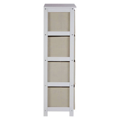 White wooden lindo cabinet with four beige natural fabric drawers for stylish storage organization