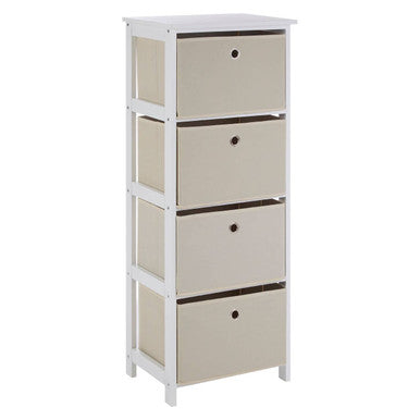 White wooden lindo cabinet with four natural fabric drawers and black round knobs for stylish storage