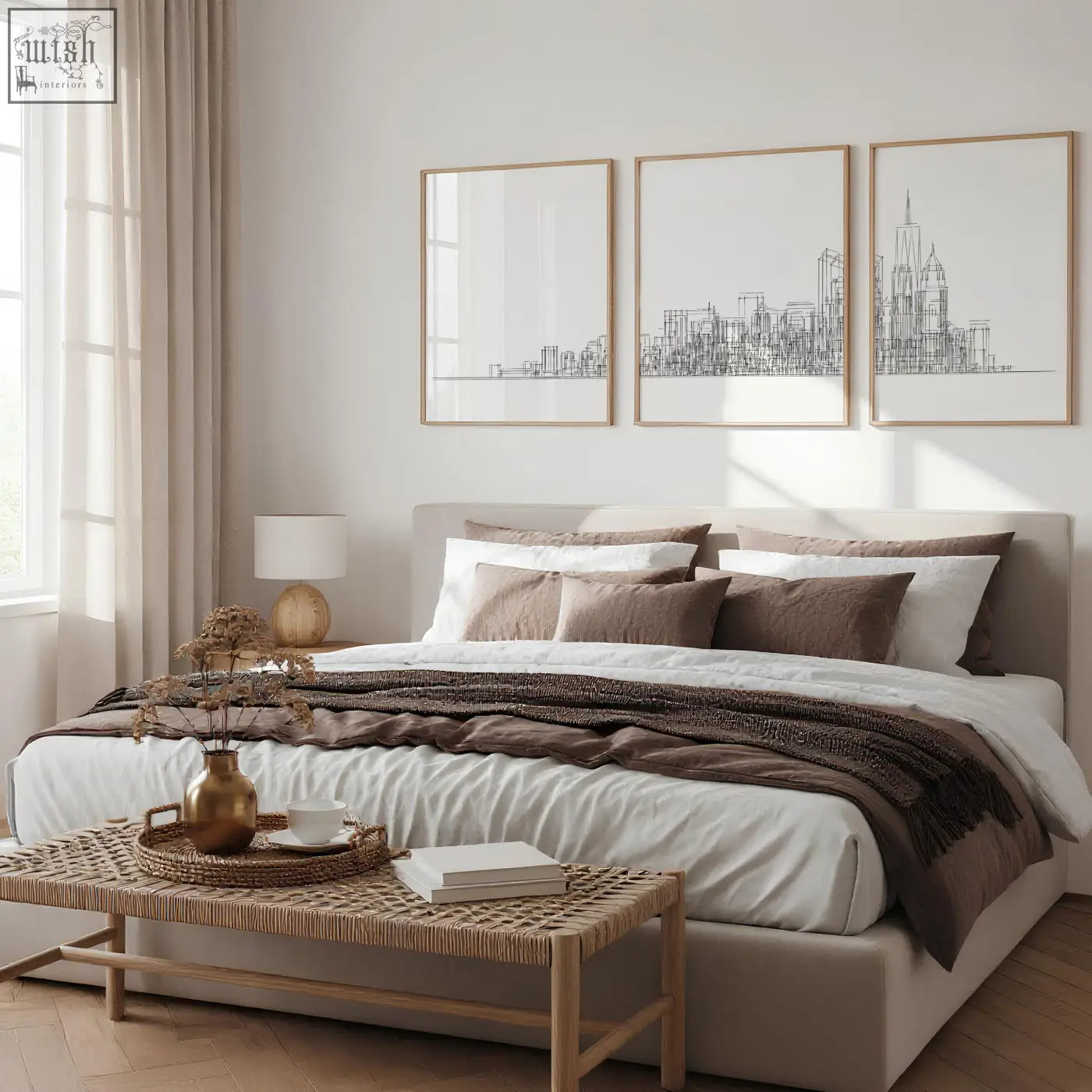 Beige upholstered bed with layered white and brown bedding paired with line art city skyline wall art prints set of 3
