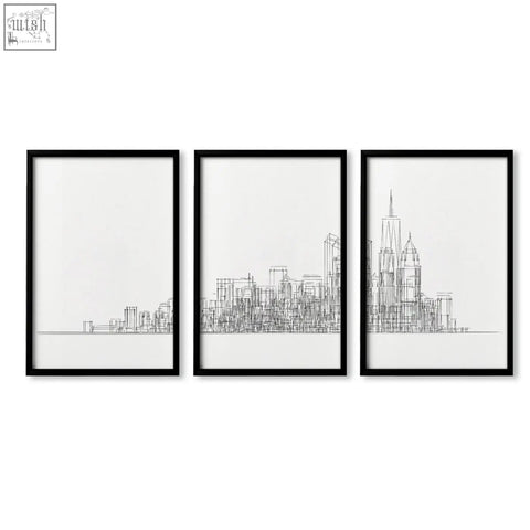 Set of three black-framed minimalist line art city skyline wall art prints perfect for modern decor