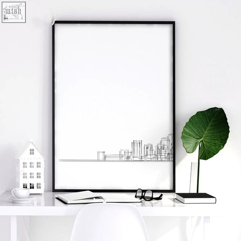 Black-framed minimalist line art city skyline wall art prints set of 3 featuring skyscraper designs