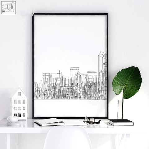 Black-framed minimalist line art city skyline poster on white background perfect for modern wall art prints set of 3
