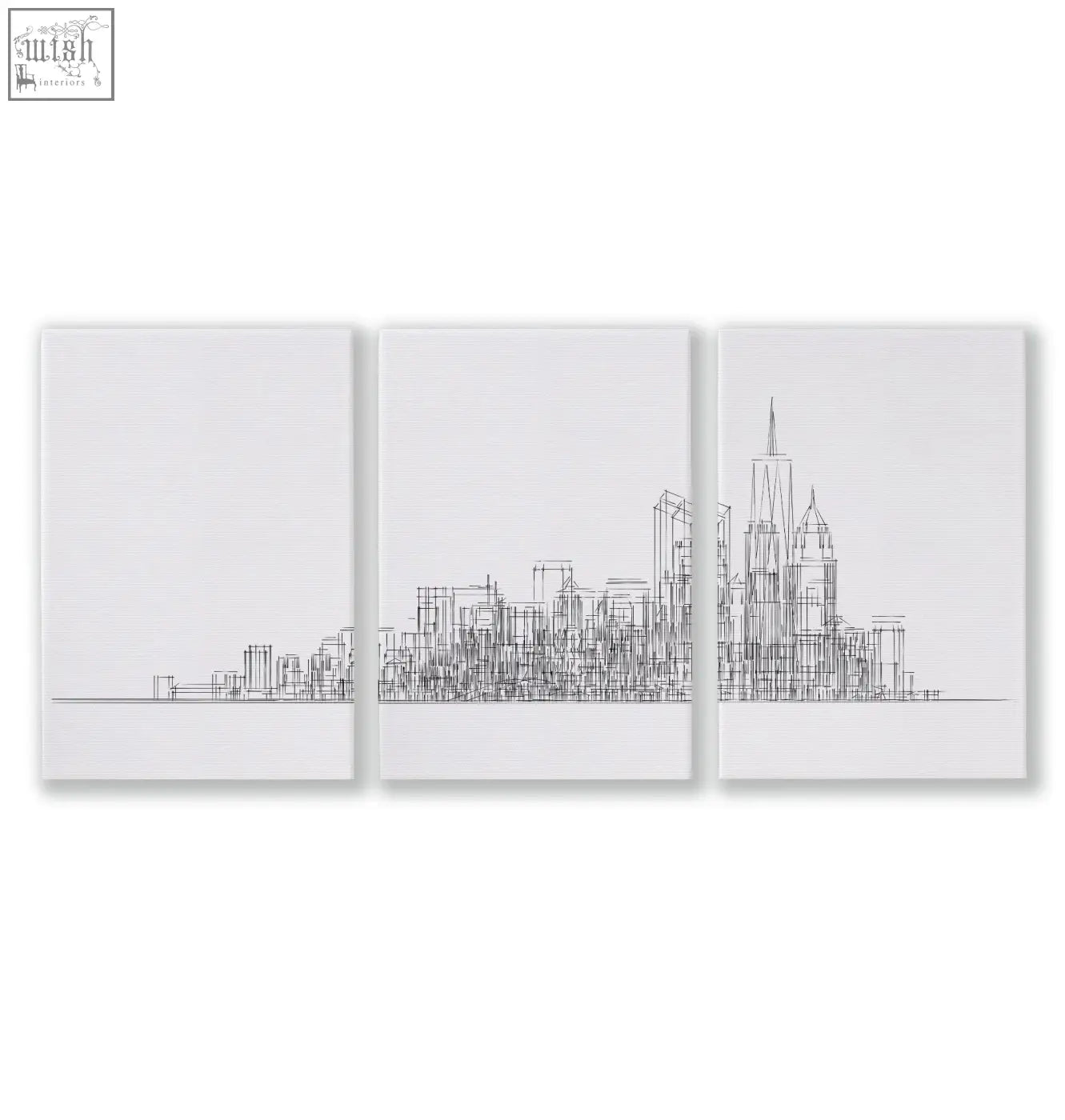 Three-panel canvas art prints featuring minimalist black line art of a city skyline on white backgrounds