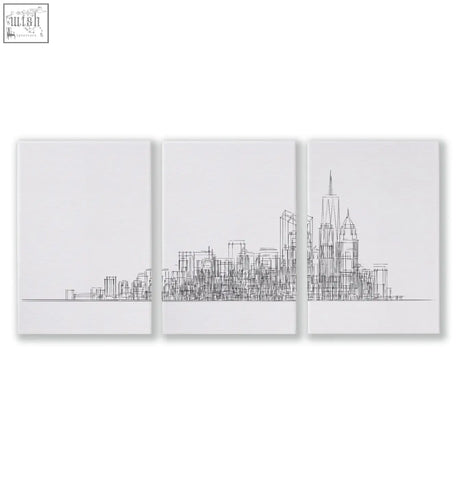 Three-panel canvas art prints featuring minimalist black line art of a city skyline on white backgrounds