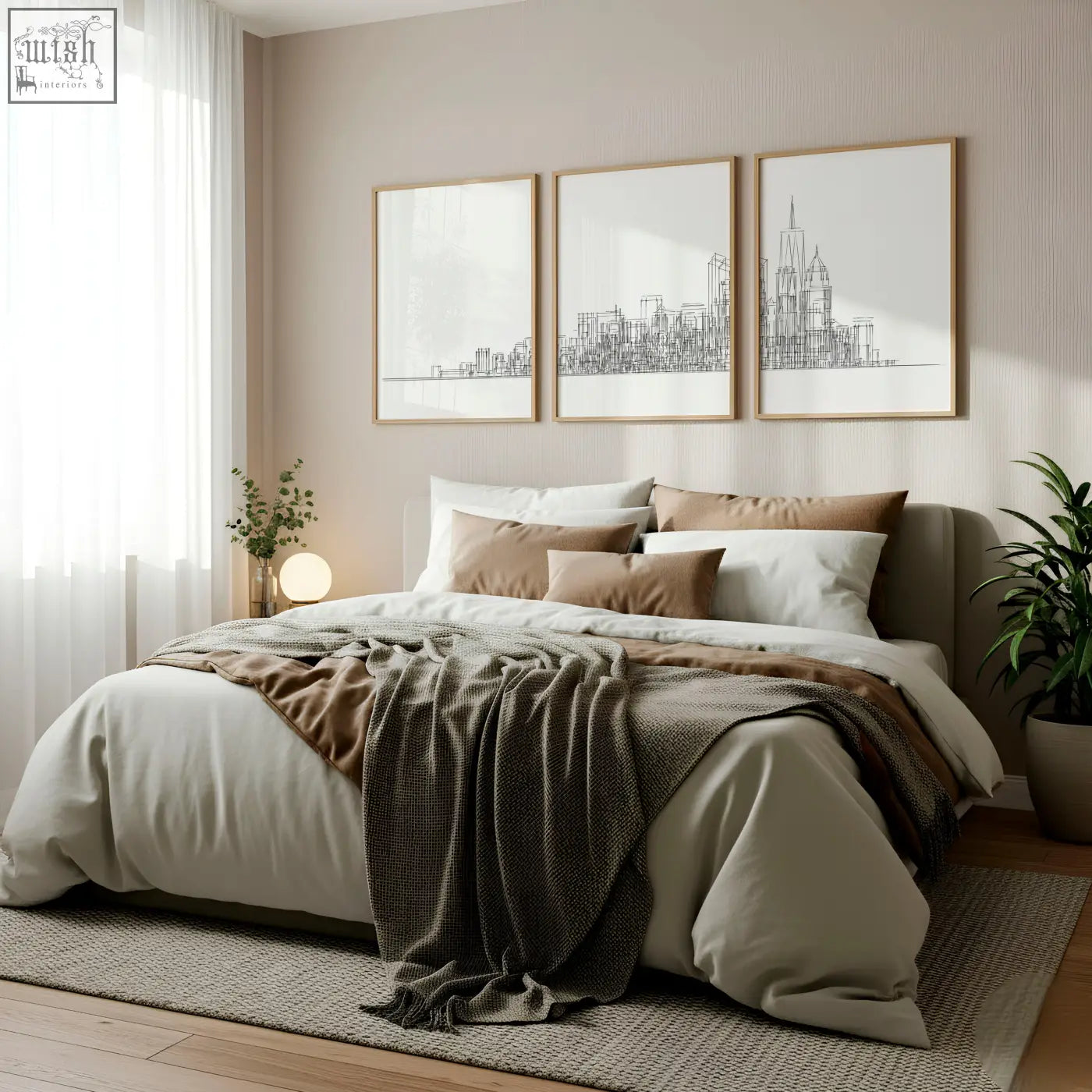 A cozy bed with soft beige and brown linens and a dark gray throw in front of line art city skyline wall art prints set of 3