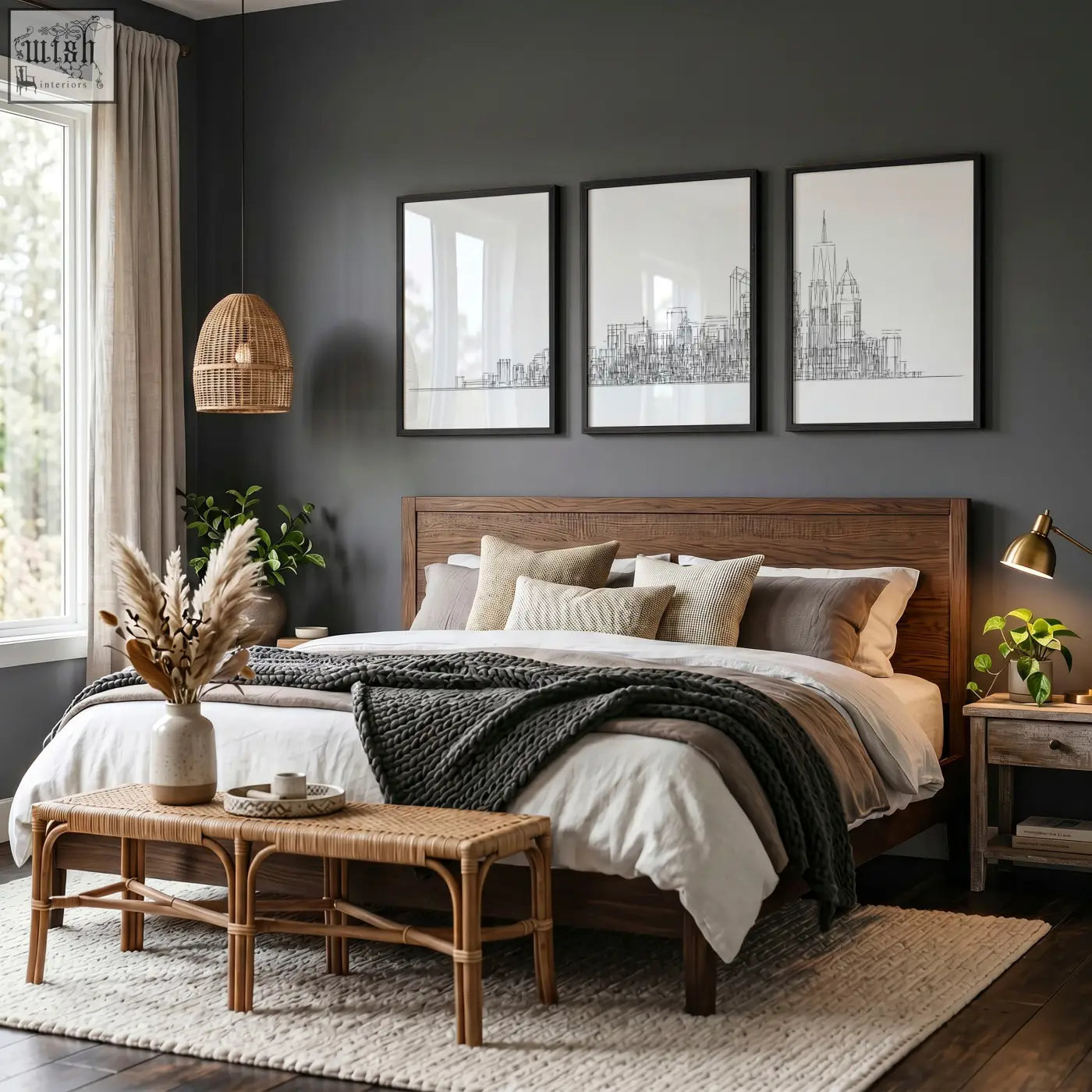 Dark gray wooden bed with woven rattan bench and neutral pillows below line art city skyline art prints set of 3