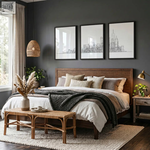 Dark gray wooden bed with woven rattan bench and neutral pillows below line art city skyline art prints set of 3