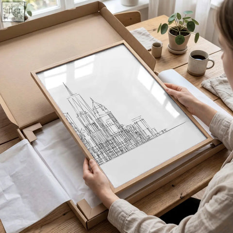 Minimalist black and white line art city skyline wall art prints in light wood frame set of 3
