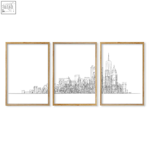 Three minimalist black line art city skyline wall art prints in light wood frames on white paper set of 3