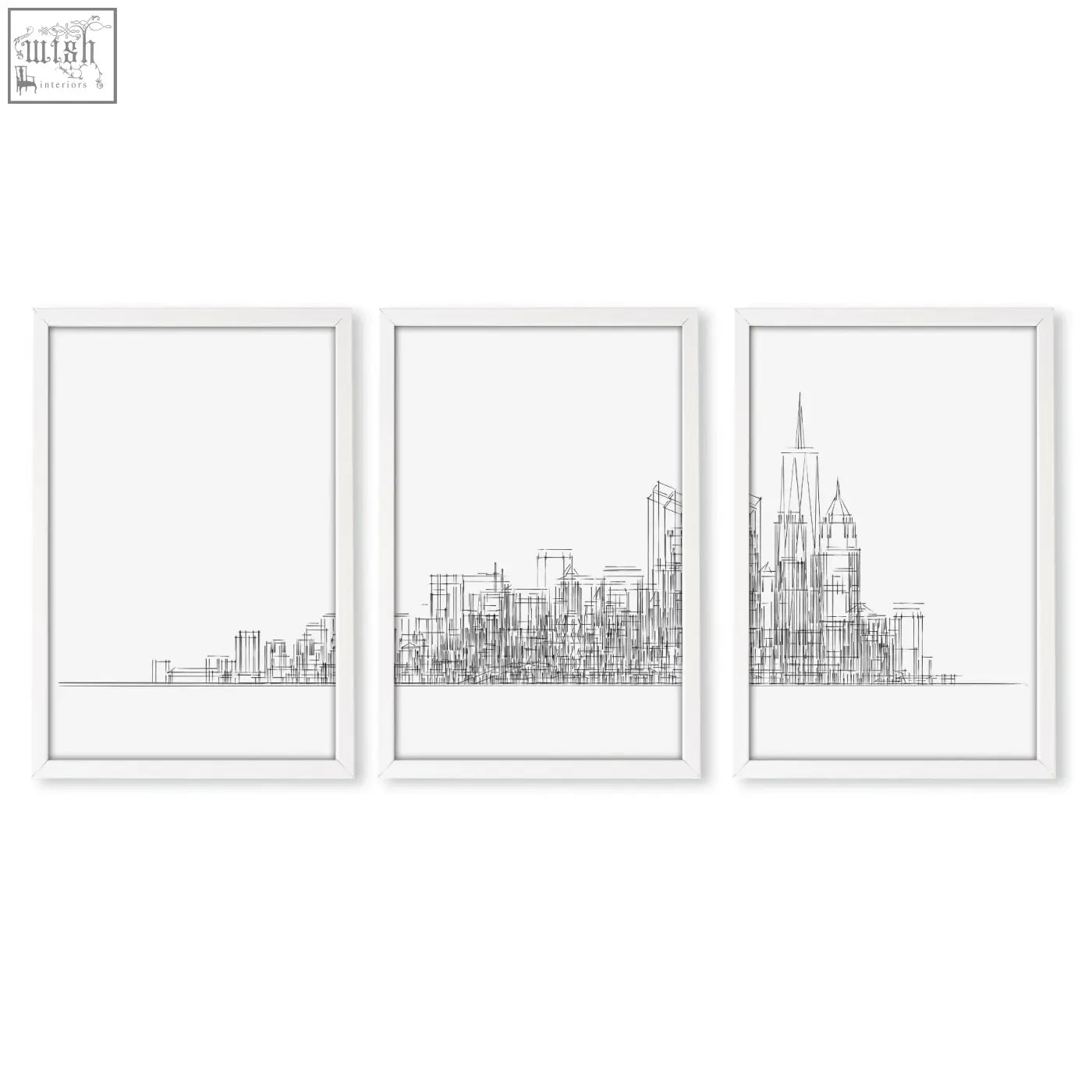 Set of three minimalist black and white line art city skyline prints in sleek white frames perfect for wall art