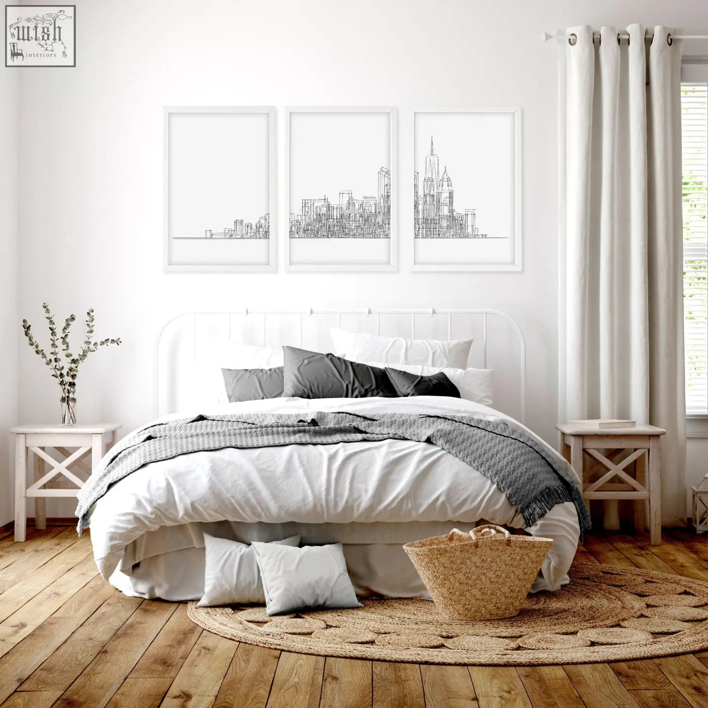 Woven natural fiber basket with handle beside line art city skyline skyscraper wall art prints set of 3