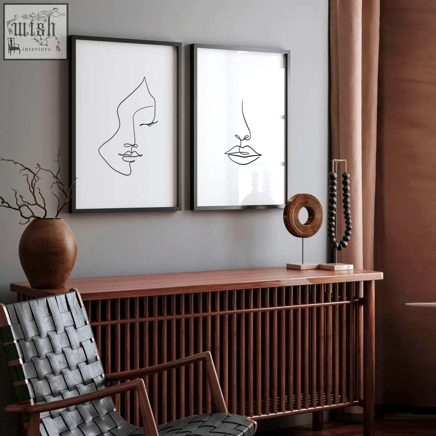 Two minimalist black-framed line art wall art prints featuring a face and lips perfect for living room decor