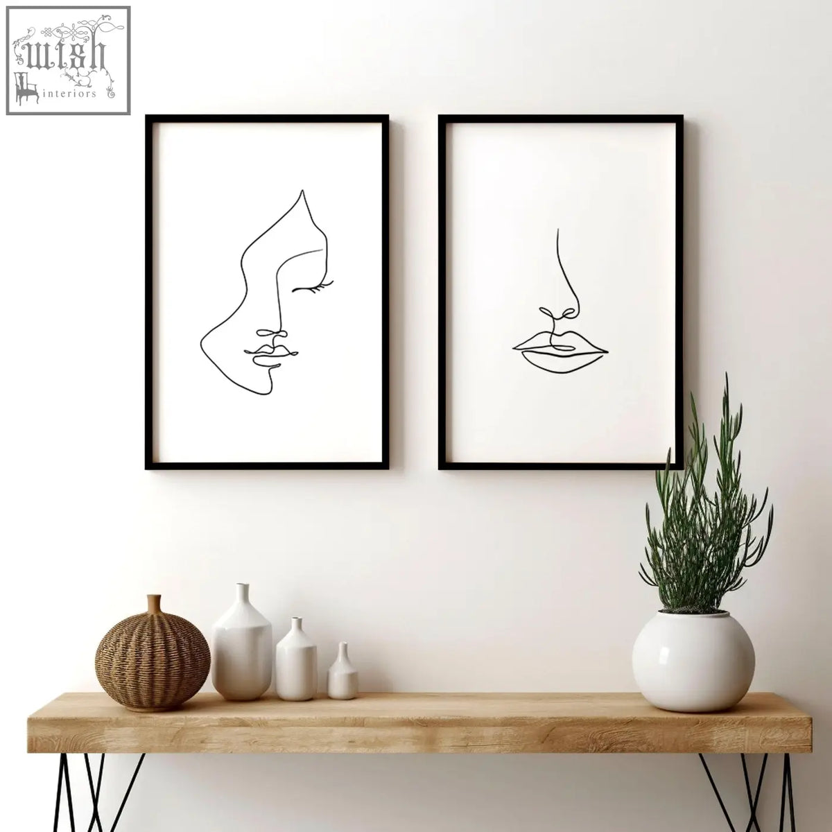 Two minimalist black-framed line art wall art prints featuring abstract faces for living room decor
