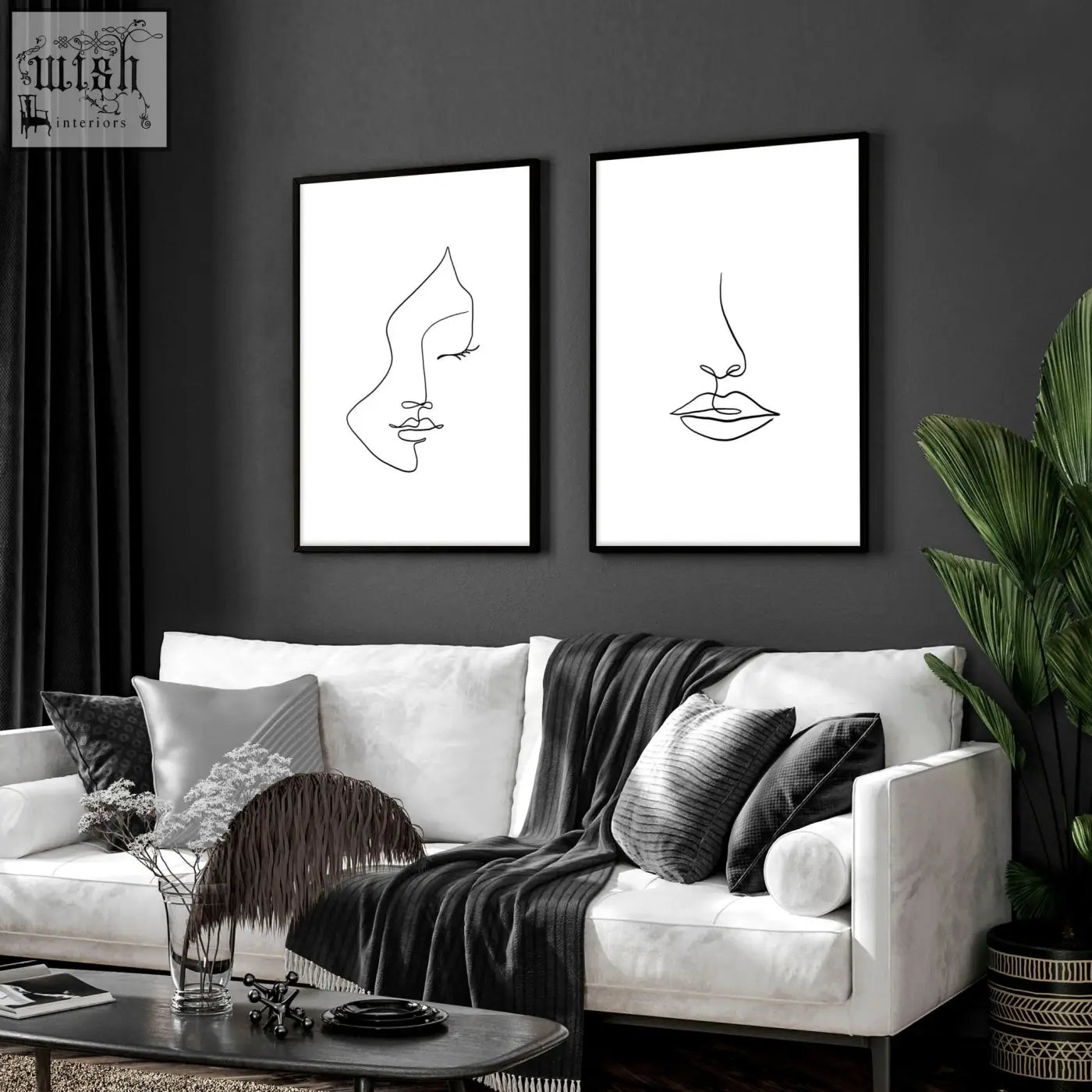 Two minimalist black-framed line art wall art prints with abstract faces perfect for living room decor