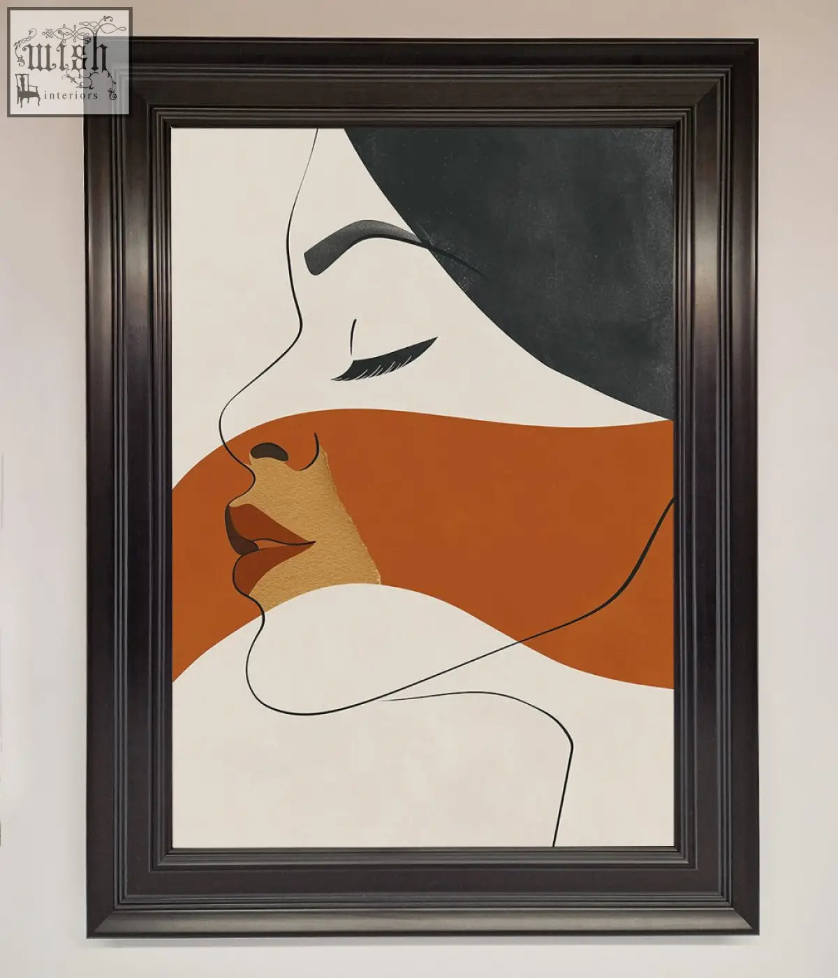 Line drawing flow framed wall art with bold black lines and white orange charcoal blocks in a dark wood frame