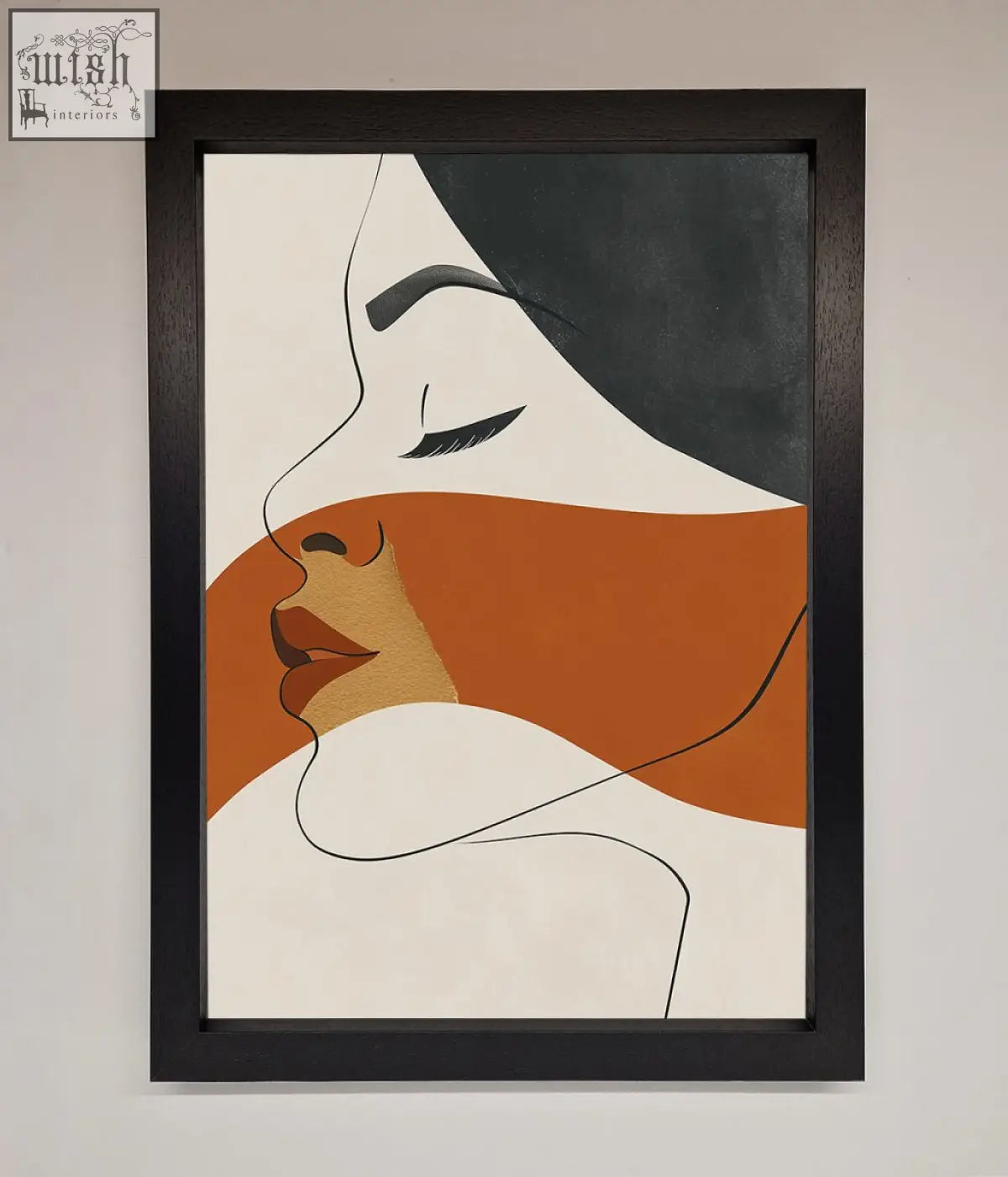 Line drawing flow framed wall art featuring a minimalist abstract portrait with bold shapes in white orange and gray