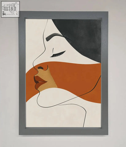 Line drawing flow framed wall art with bold black and orange geometric shapes in sleek gray frame on cream background