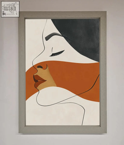 Minimalist abstract wall art featuring bold black and orange geometric shapes in a light gray frame line drawing flow framed