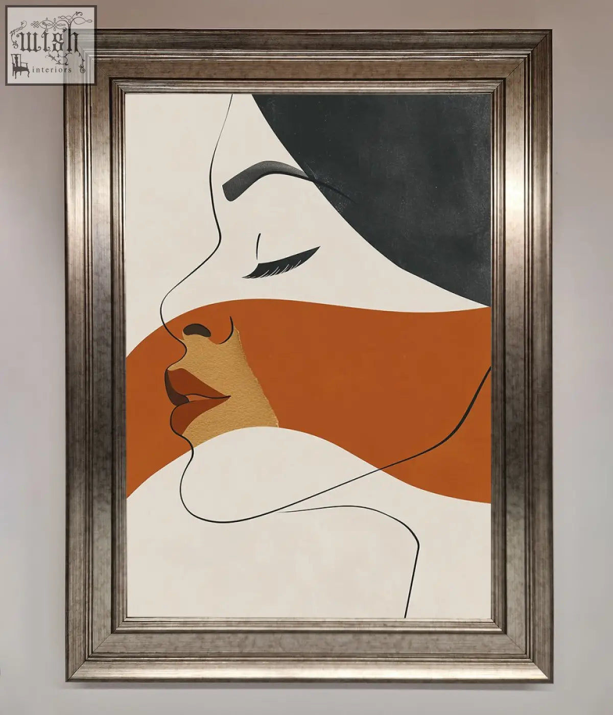 Line drawing flow framed wall art featuring a modern abstract portrait with bold black lines and warm orange blocks