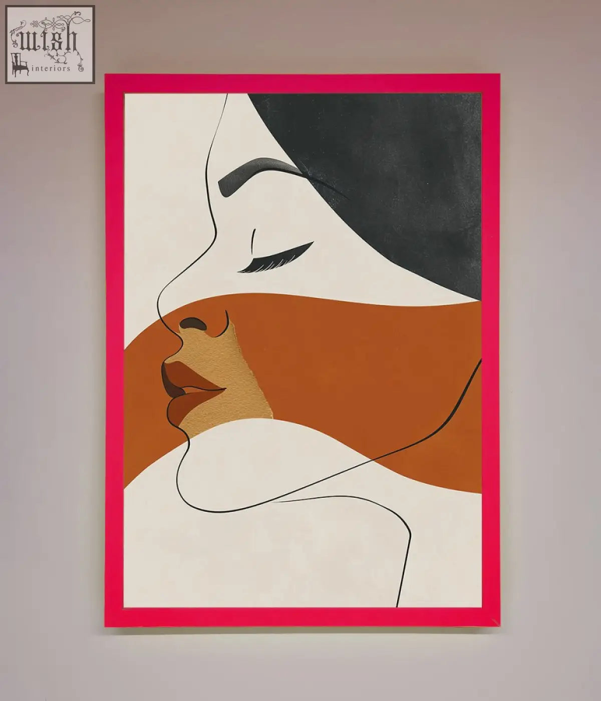 A modern abstract portrait wall art with bold black hair and warm tones in a vibrant pink line drawing flow framed design
