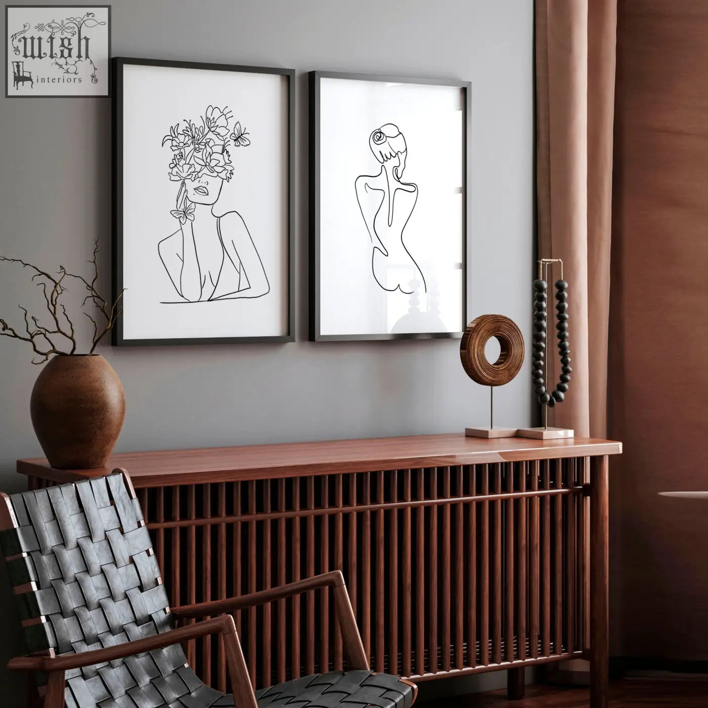Two framed black-and-white line drawings art prints of feminine figures for stylish living room wall decor