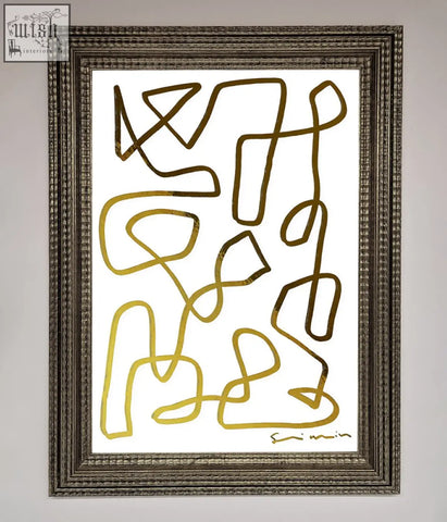 A framed abstract line squiggle foil print with gold-toned flowing line art on a white background