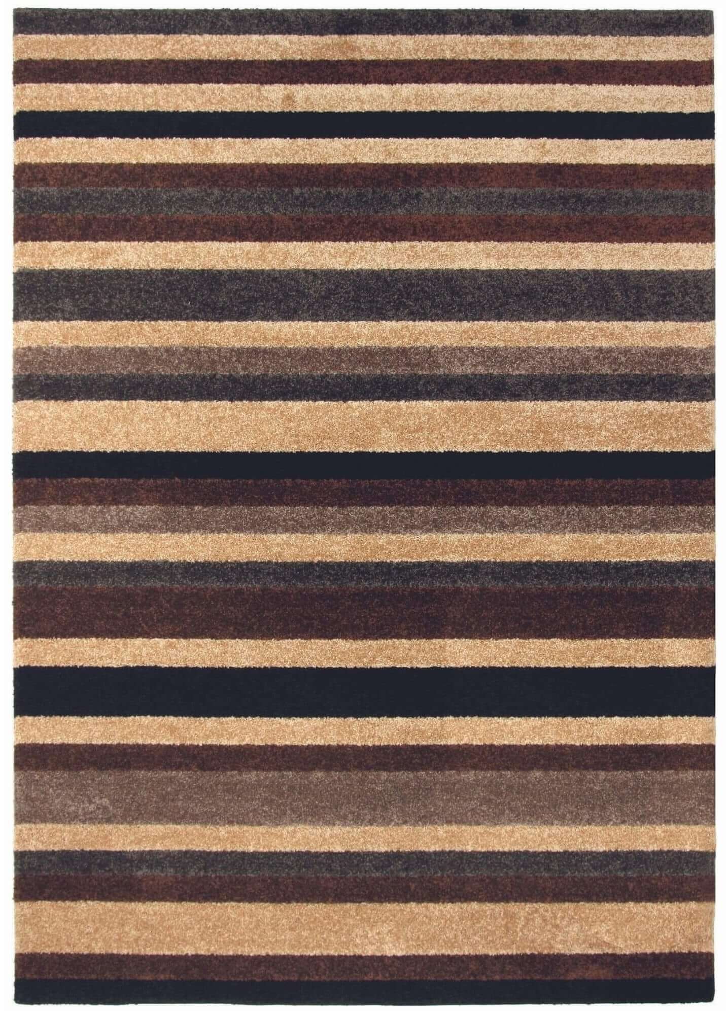 A linea striped caramel rectangular area rug with horizontal stripes in brown beige and black, washable and stylish
