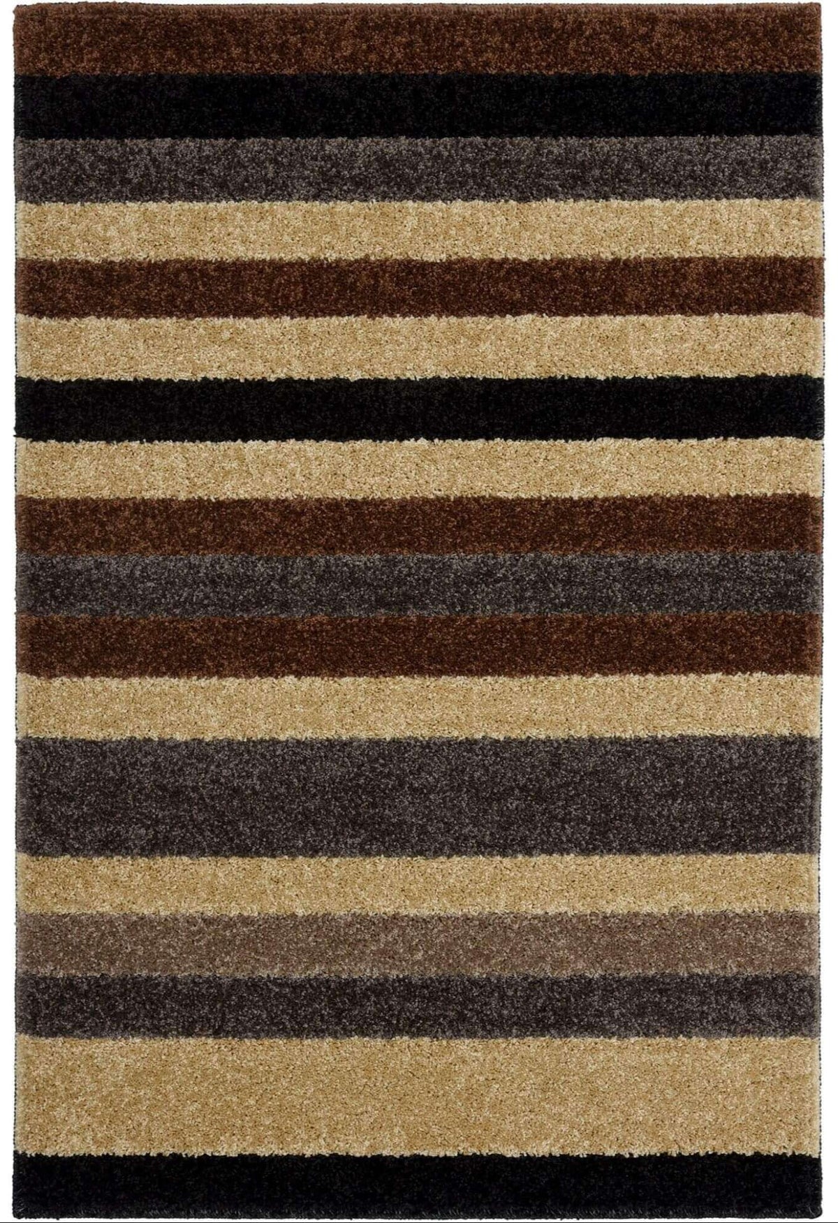 A rectangular linea striped caramel rug with horizontal brown beige and black stripes washable and durable
