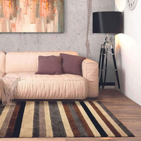 Linea striped caramel washable rug with earthy tones and textured pile perfect for cozy living spaces